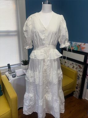 English Factory White V-Neck Tiered Maxi Dress with Puff Sleeves